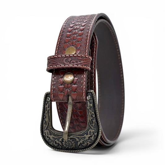 Brown leather belt with intricate design and brass buckle on a white background
