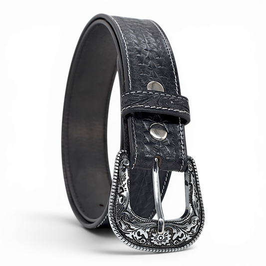 Western Engraved Leather Belt for Men in Premium Veg-Tanned Buffalo Leather – Black | Antique Silver Buckle