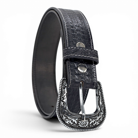 Black leather belt with an ornate silver buckle on a white background