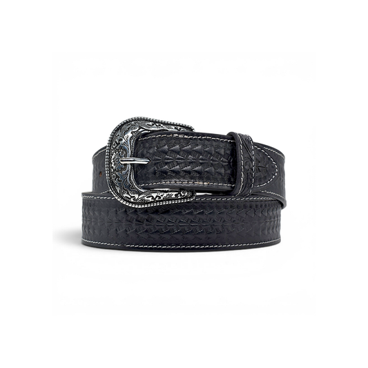 Western Engraved Leather Belt for Men in Premium Veg-Tanned Buffalo Leather – Black | Antique Silver Buckle