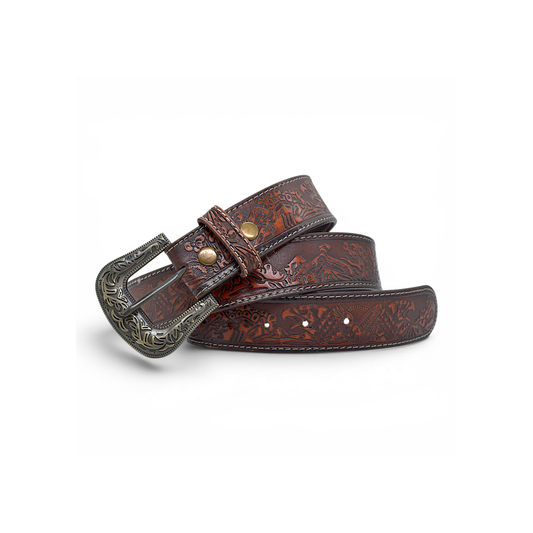 Hand-Tooled Western Leather Belt for Men in Veg-Tanned Buffalo Leather – Tan Brown | Antique Brass Buckle